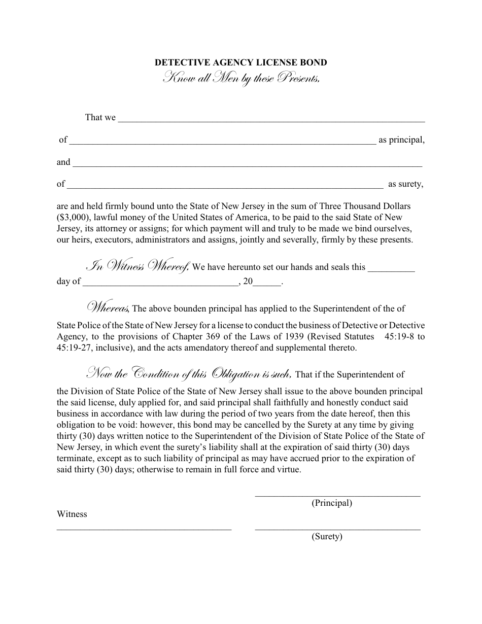 New Jersey Private Detective Bond 3000 Fill Out, Sign Online and