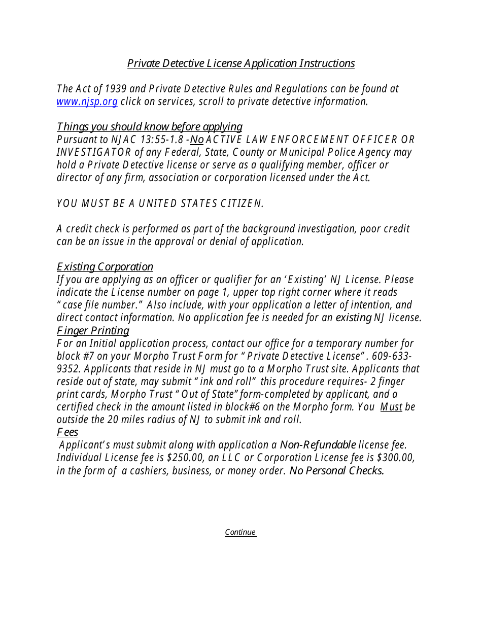 Instructions for Form SP-171 Application for Private Detective License - New Jersey, Page 1