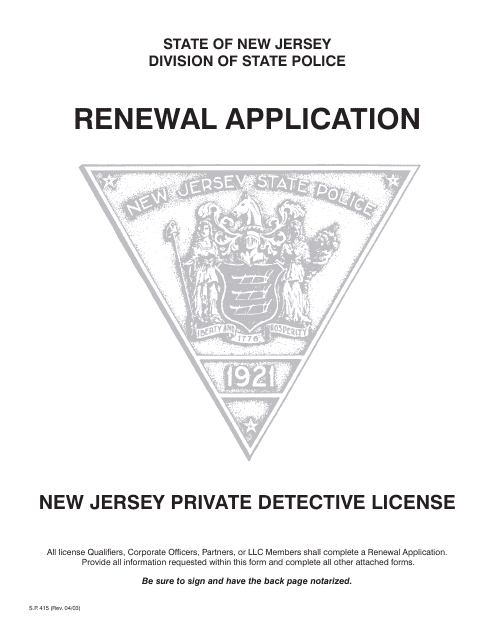 Form S.P.415 Renewal Application for New Jersey Private Detective License - New Jersey