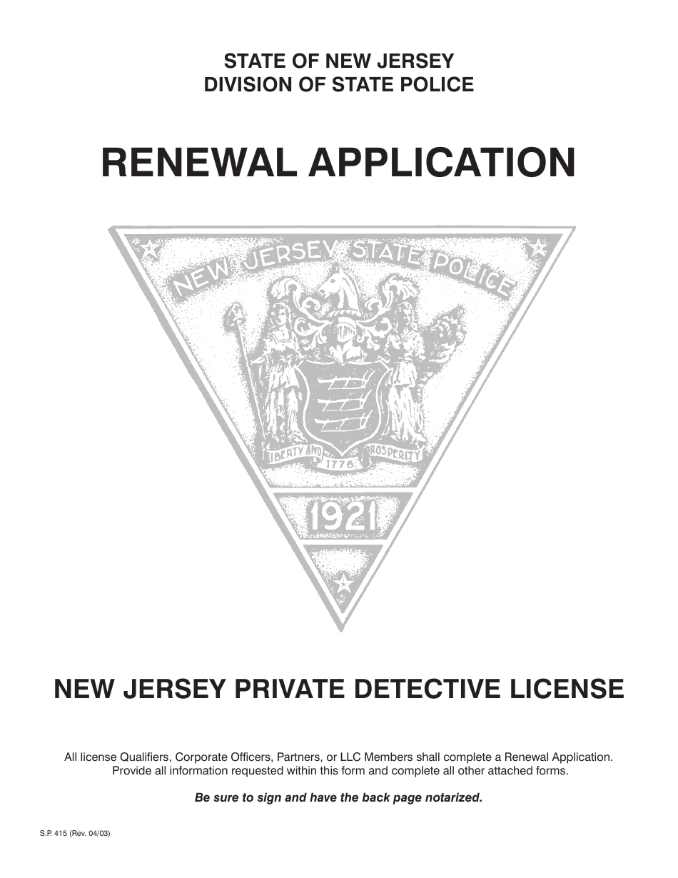 Form S.P.415 Renewal Application for New Jersey Private Detective License - New Jersey, Page 1