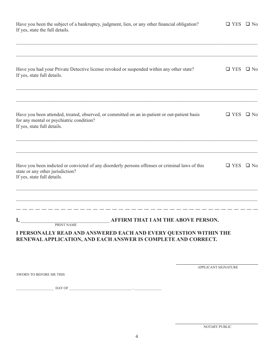 Form S.P.415 Renewal Application for New Jersey Private Detective License - New Jersey, Page 4