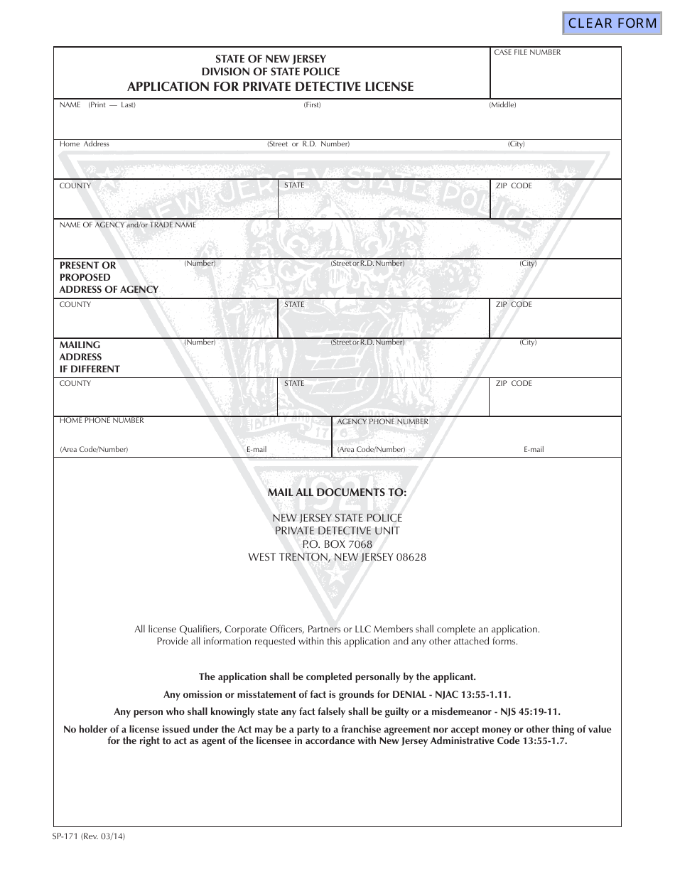 Form SP-171 Application for Private Detective License - New Jersey, Page 1