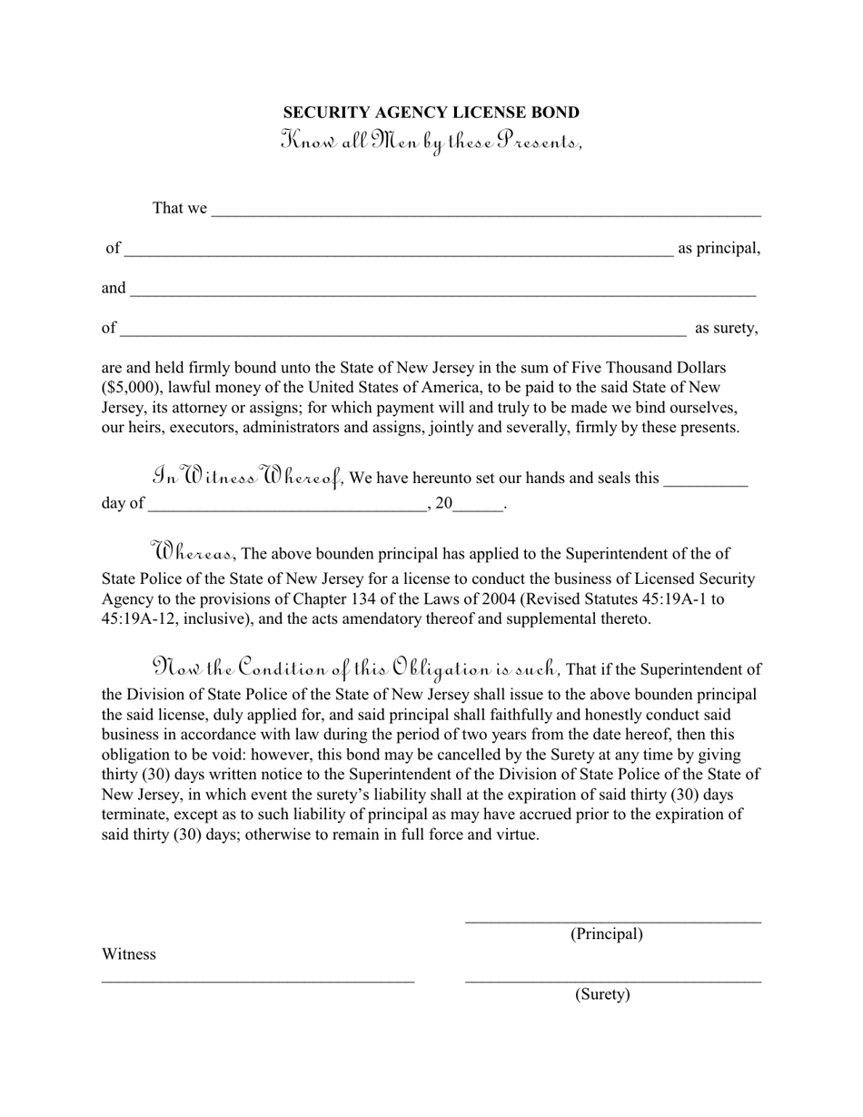 Security Agency License Bond - New Jersey, Page 1