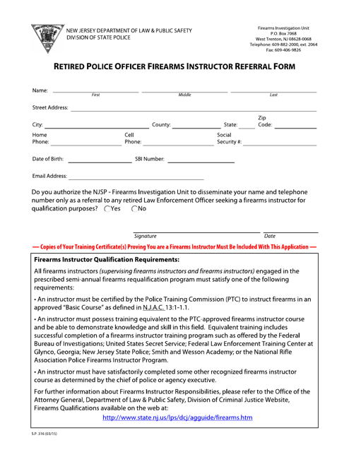 Form S.P.316 Retired Police Officer Firearms Instructor Referral Form - New Jersey