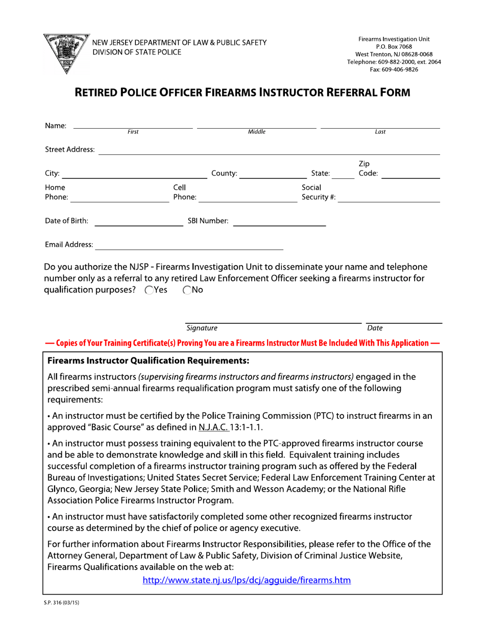 Form S.P.316 Retired Police Officer Firearms Instructor Referral Form - New Jersey, Page 1