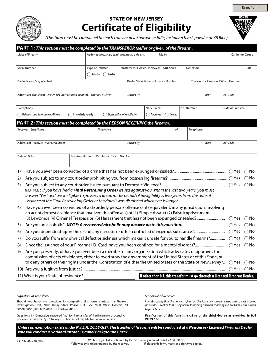 Form S.P.634 Certificate of Eligibility - New Jersey, Page 1
