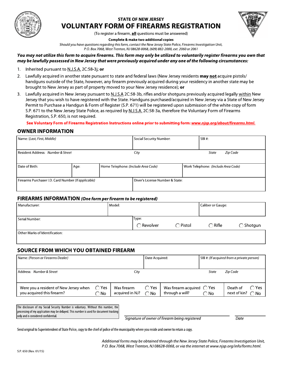 Form S.P.650 Voluntary Form of Firearms Registration - New Jersey, Page 1