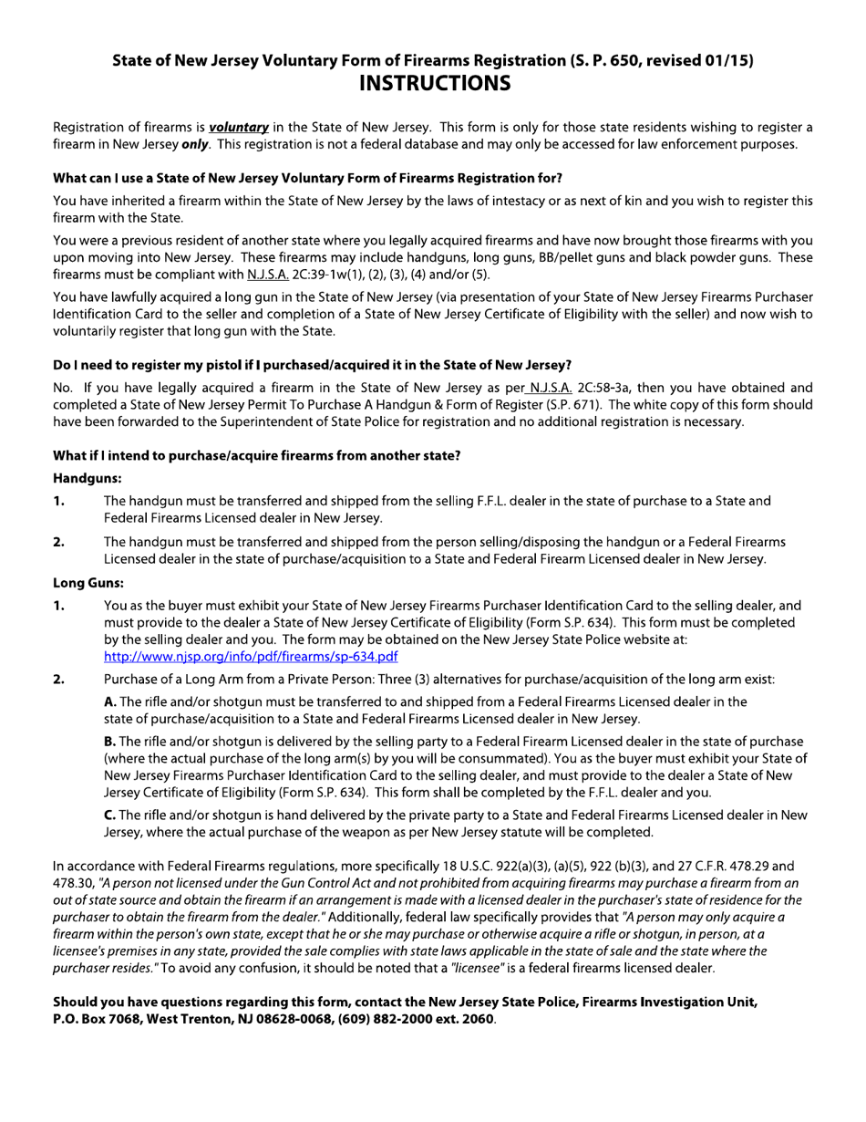 Form S.P.650 Voluntary Form of Firearms Registration - New Jersey, Page 2