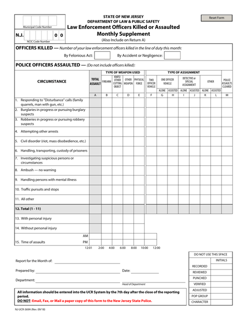 Form NJ-UCR-369A Law Enforcement Officers Killed or Assaulted Monthly Supplement - New Jersey