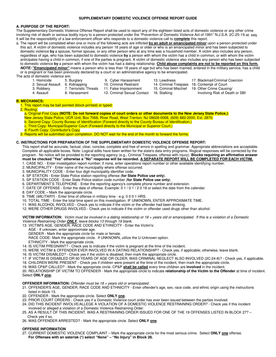 Instructions for Form UCR-DV1 Supplementary Domestic Violence Offense Report - New Jersey, Page 1