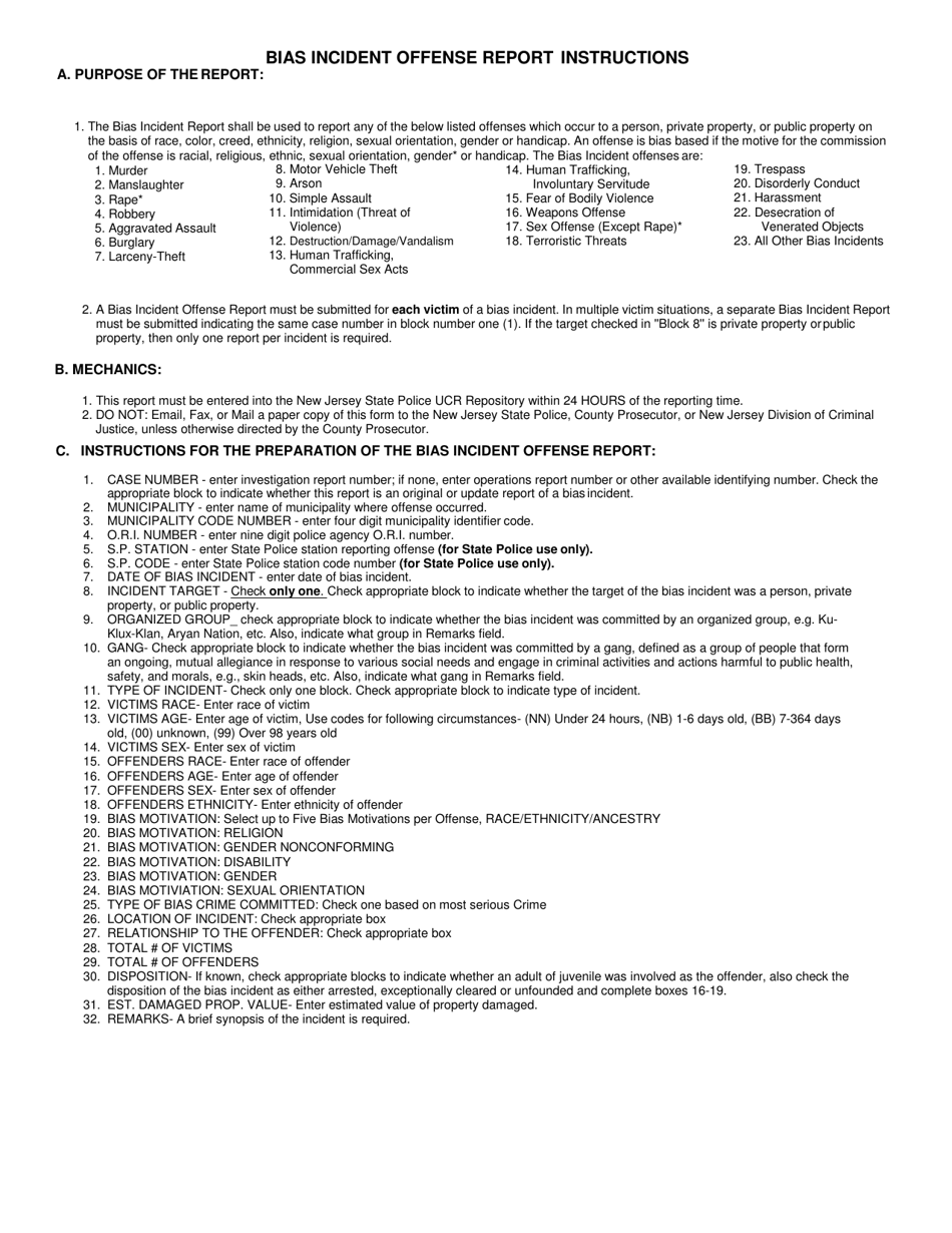 Instructions for Form UCR-BI1 Supplementary Bias Incident Offense Report - New Jersey, Page 1