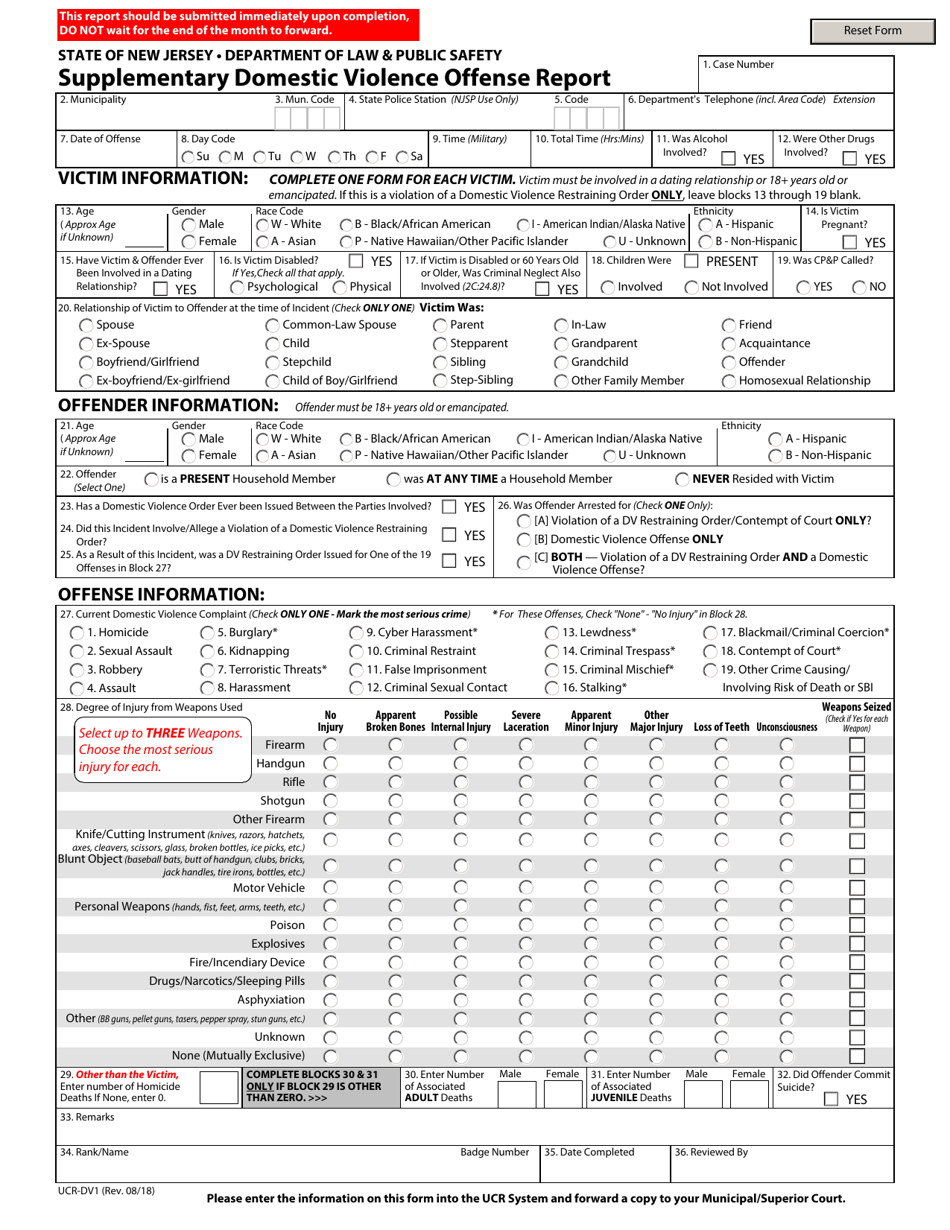 Form UCR-DV1 Supplementary Domestic Violence Offense Report - New Jersey, Page 1