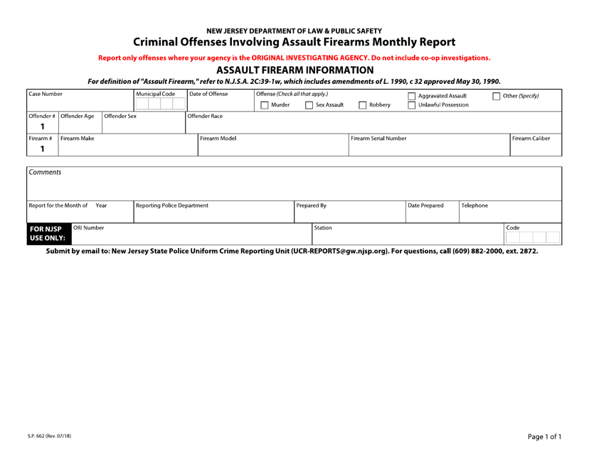 Form S.P.662 Criminal Offenses Involving Assault Firearms Monthly Report - New Jersey