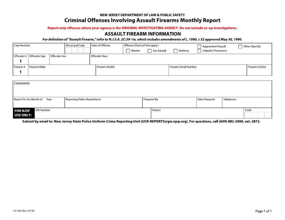 Form S.P.662 Criminal Offenses Involving Assault Firearms Monthly Report - New Jersey, Page 1