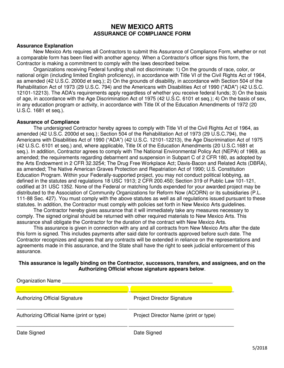 New Mexico Assurance of Compliance Form Fill Out, Sign Online and