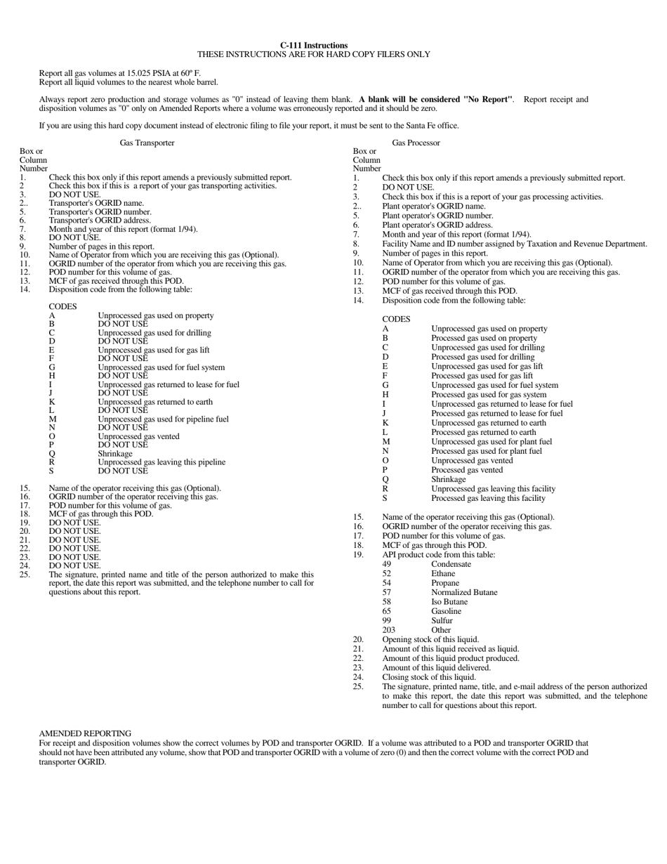 Instructions for Form C-111 Gas Transporters and Facility Monthly Report - New Mexico, Page 1