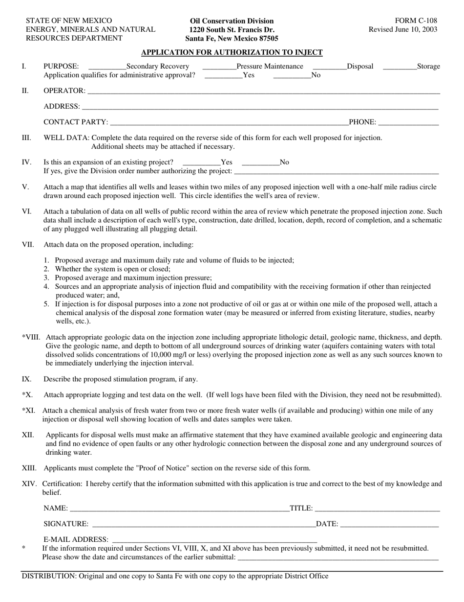 Form C-108 Application for Authorization to Inject - New Mexico, Page 1