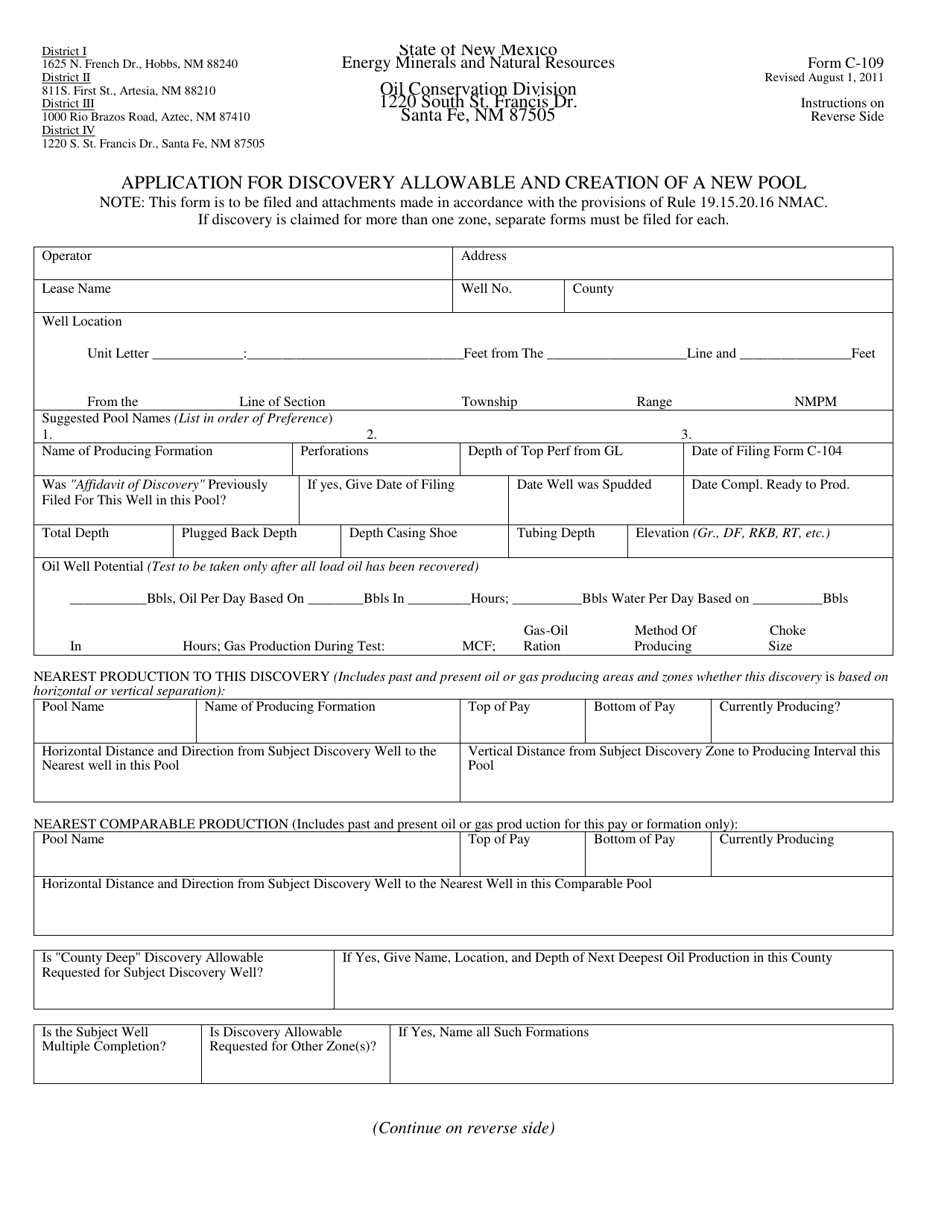 Form C-109 Application for Discovery Allowable and Creation of a New Pool - New Mexico, Page 1