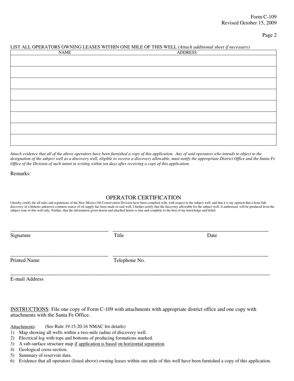 Form C-109 Application for Discovery Allowable and Creation of a New Pool - New Mexico, Page 2