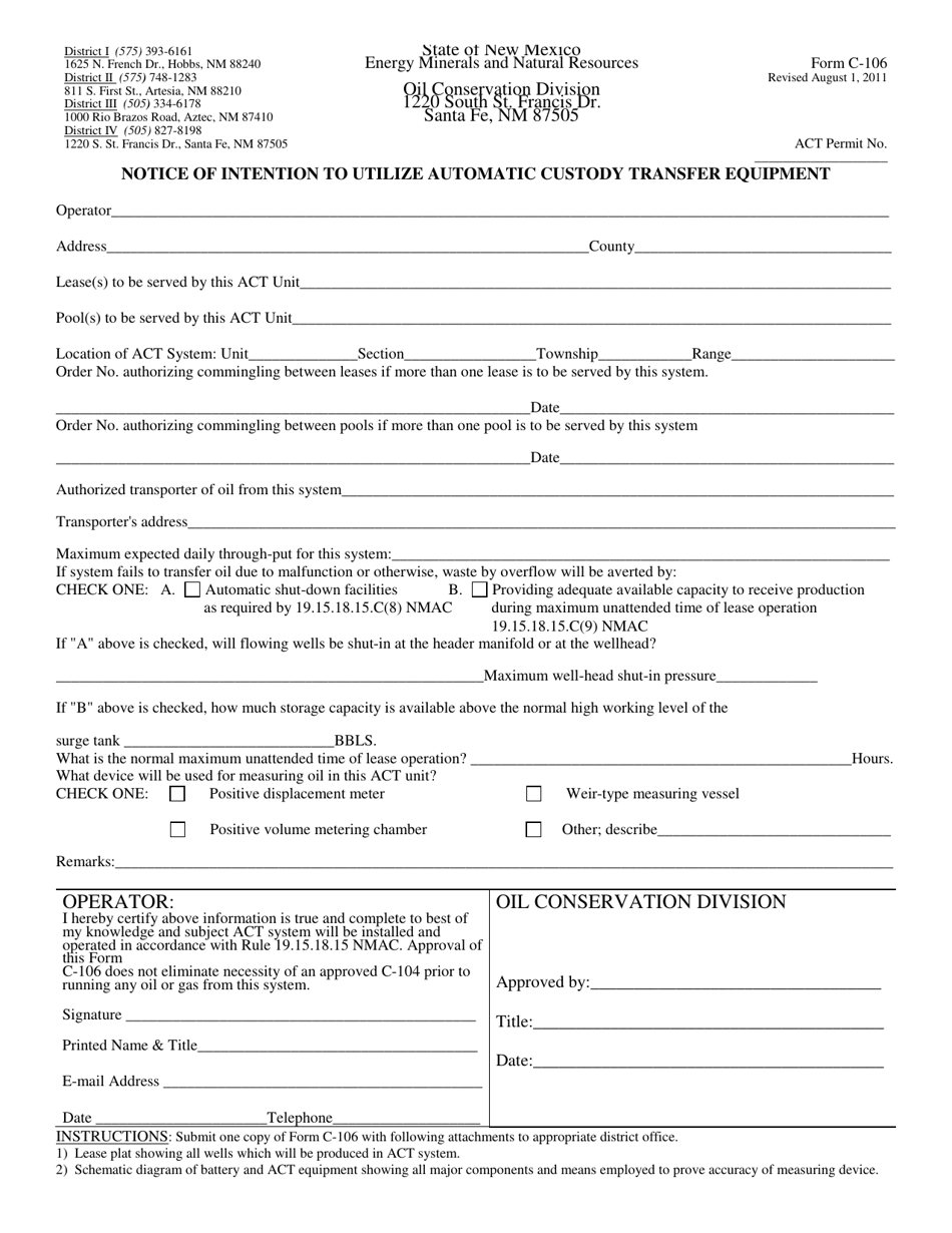 Form C-106 Notice of Intention to Utilize Automatic Custody Transfer Equipment - New Mexico, Page 1