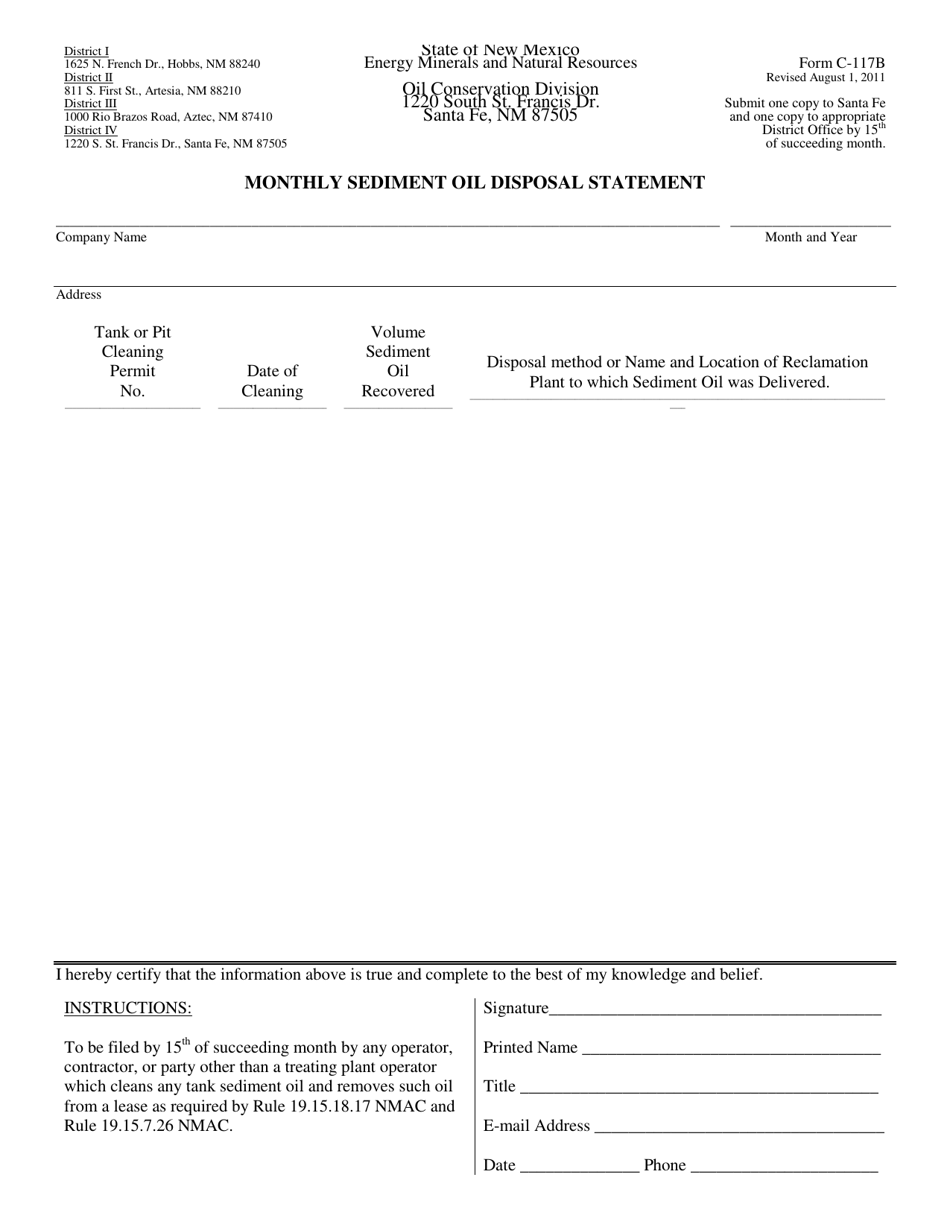 Form C-117B Monthly Sediment Oil Disposal Statement - New Mexico, Page 1