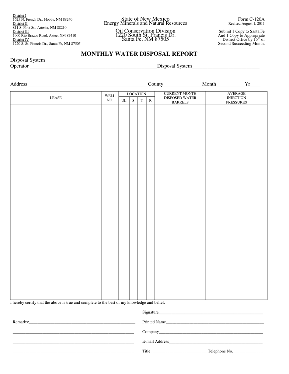 Form C-120A Monthly Water Disposal Report - New Mexico, Page 1