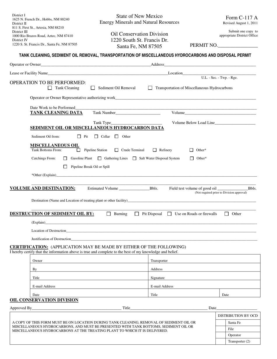 Form C-117 A Tank Cleaning, Sediment Oil Removal, Transportation of Miscellaneous Hydrocarbons and Disposal Permit - New Mexico, Page 1