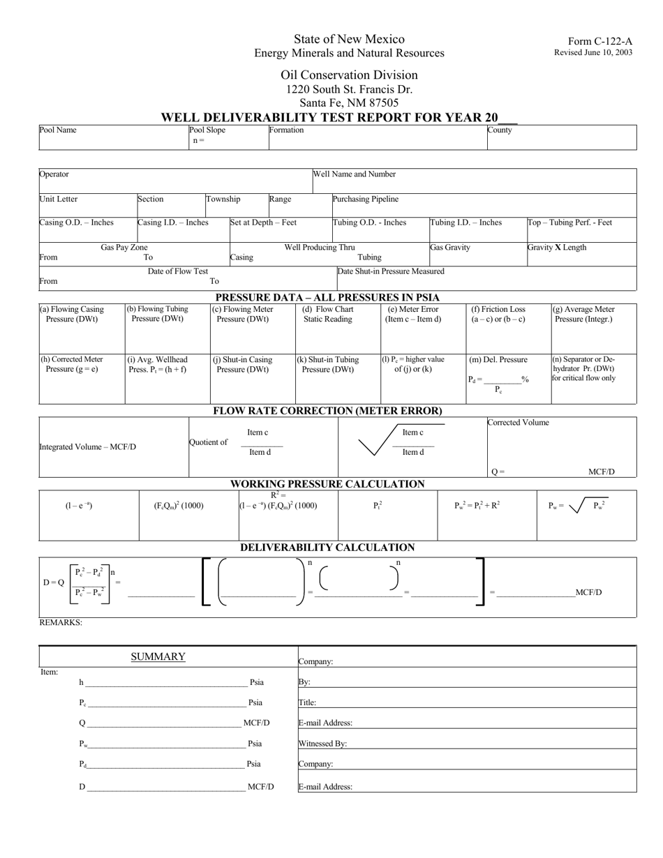 Form C-122-A Well Deliverability Test Report - New Mexico, Page 1