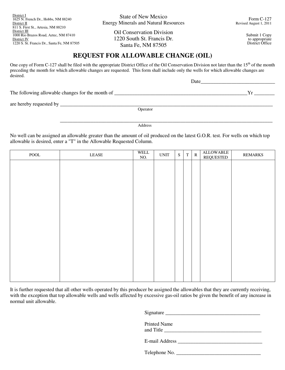 Form C-127 Request for Allowable Change (Oil) - New Mexico, Page 1