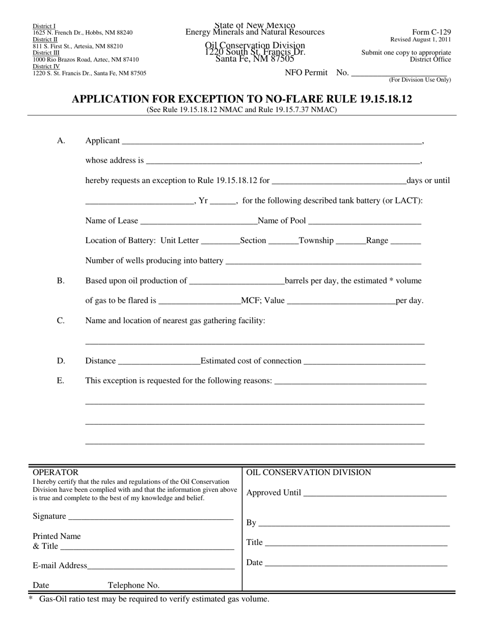 Form C-129 Application for Exception to No-Flare Rule 19.15.18.12 - New Mexico, Page 1