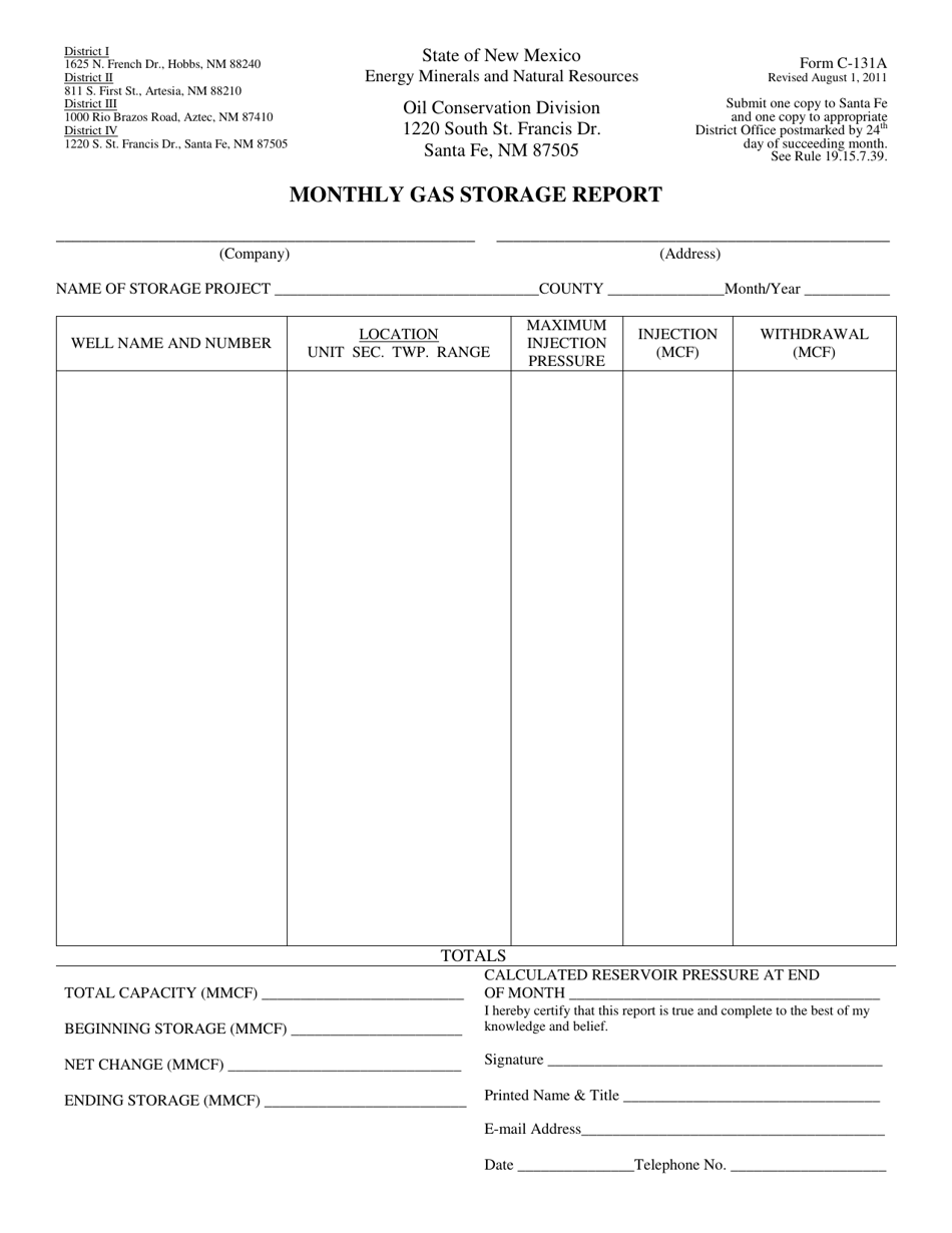 Form C-131A Monthly Gas Storage Report - New Mexico, Page 1