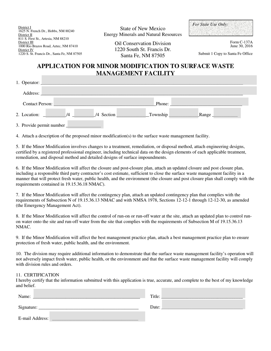 Form C-137A Application for Minor Modification to Surface Waste Management Facility - New Mexico, Page 1