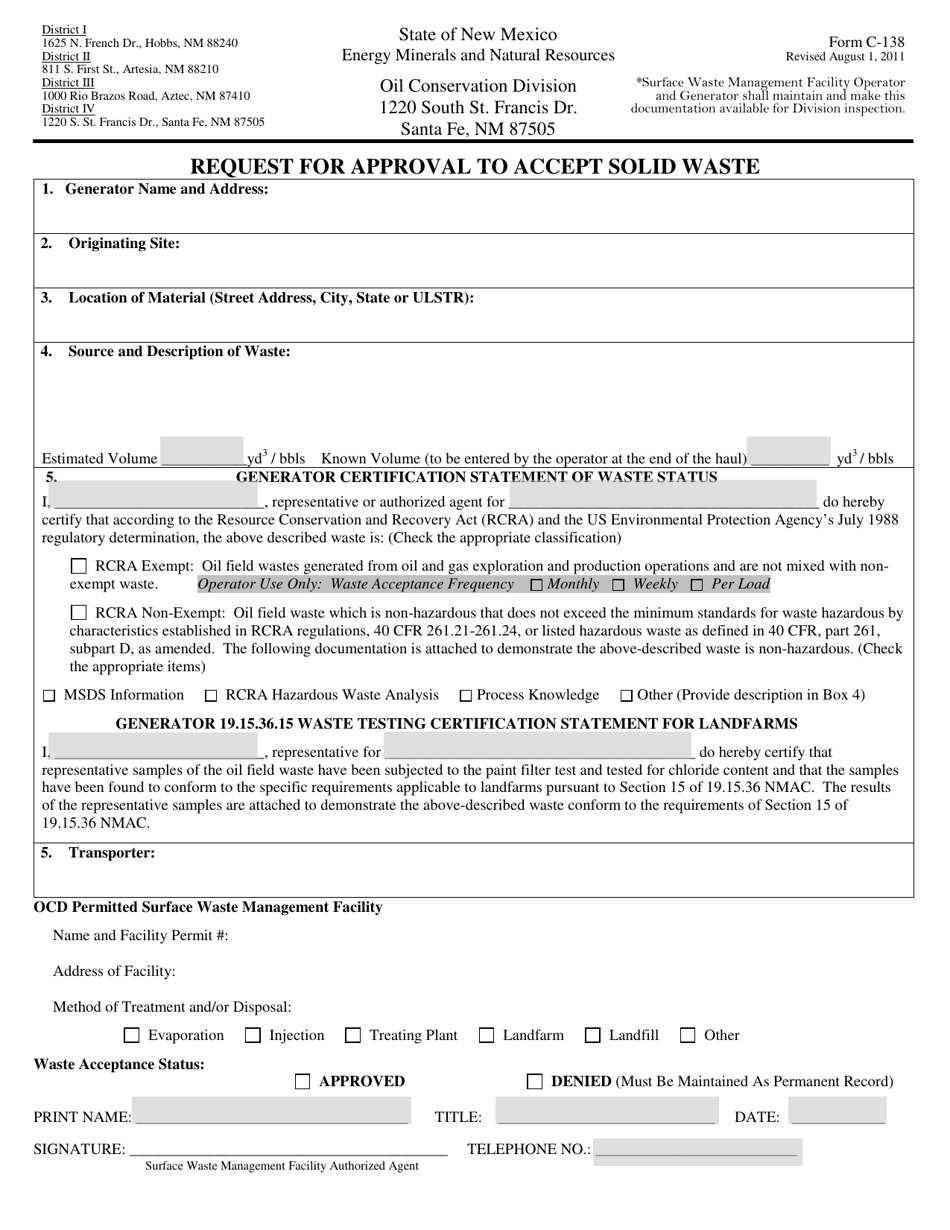 Form C-138 Request for Approval to Accept Solid Waste - New Mexico, Page 1