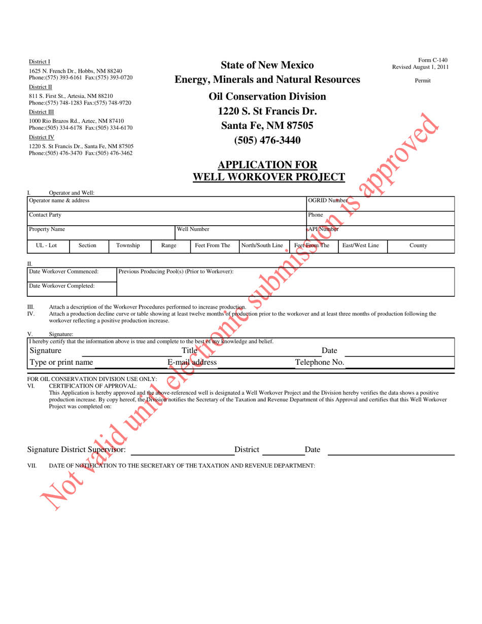 Form C-140 Application for Well Workover Project - New Mexico, Page 1