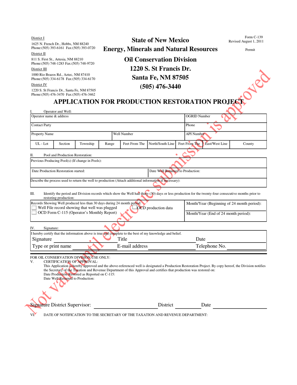 Form C-139 Application for Production Restoration Project - New Mexico, Page 1