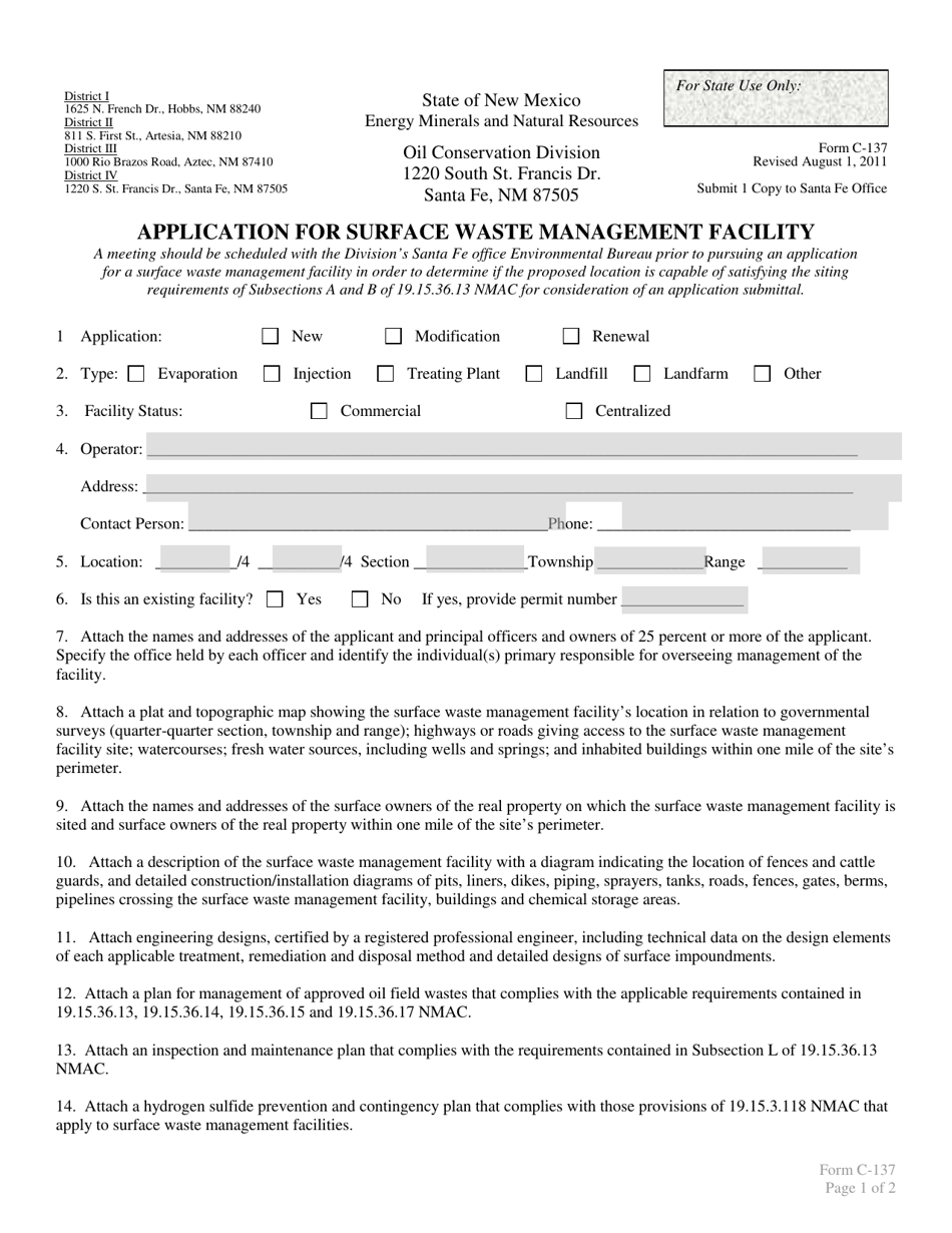 Form C-137 Application for Surface Waste Management Facility - New Mexico, Page 1