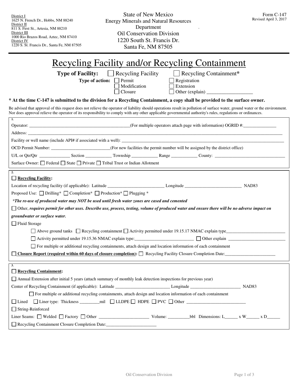 Form C-147 Permit or Registration for Recycling and Re-use of Produced Water, Drilling Fluids and Liquid Oil Field Waste (Including Recycling Containment) - New Mexico, Page 1