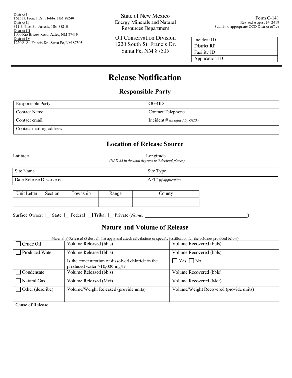 Form C-141 Release Notification - New Mexico, Page 1