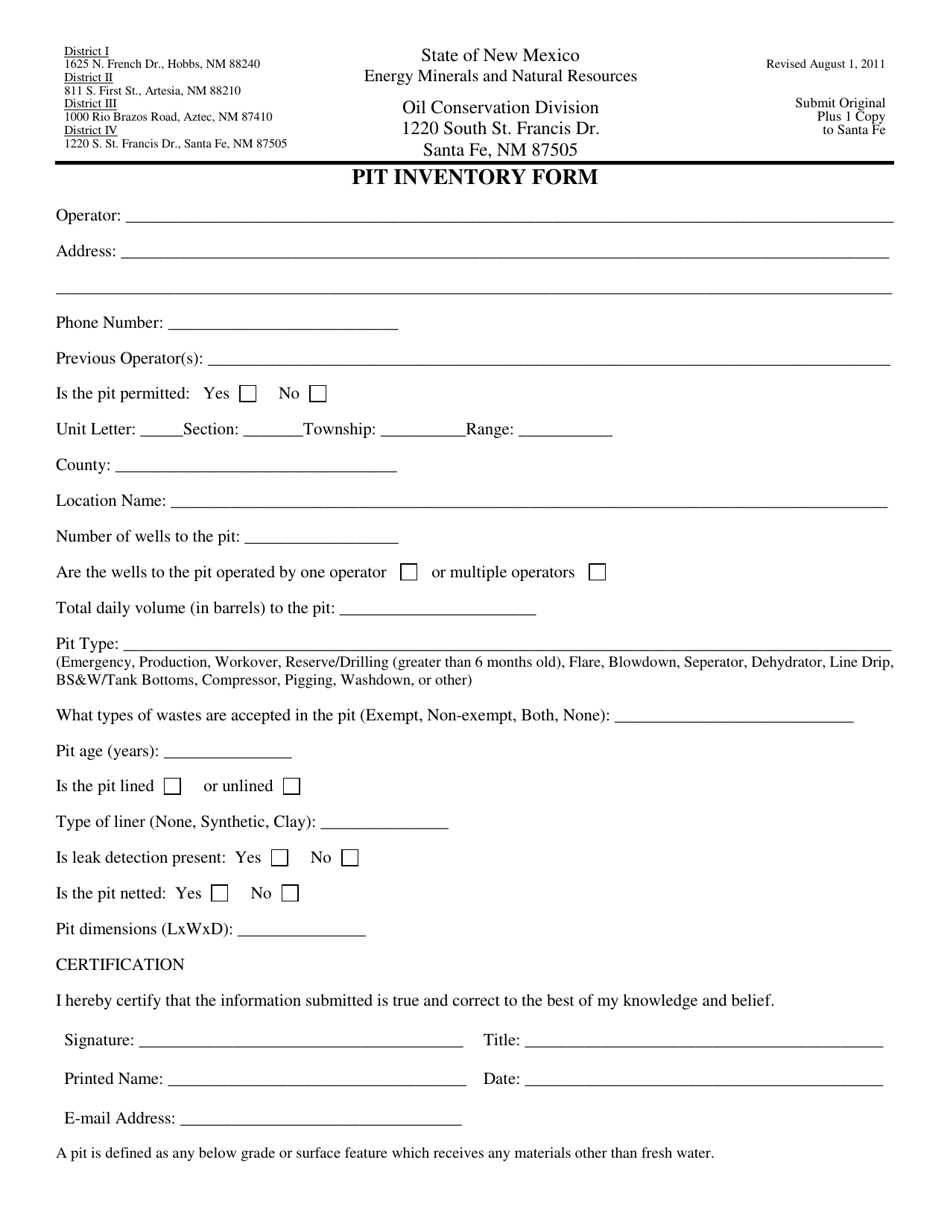Pit Inventory Form - New Mexico, Page 1
