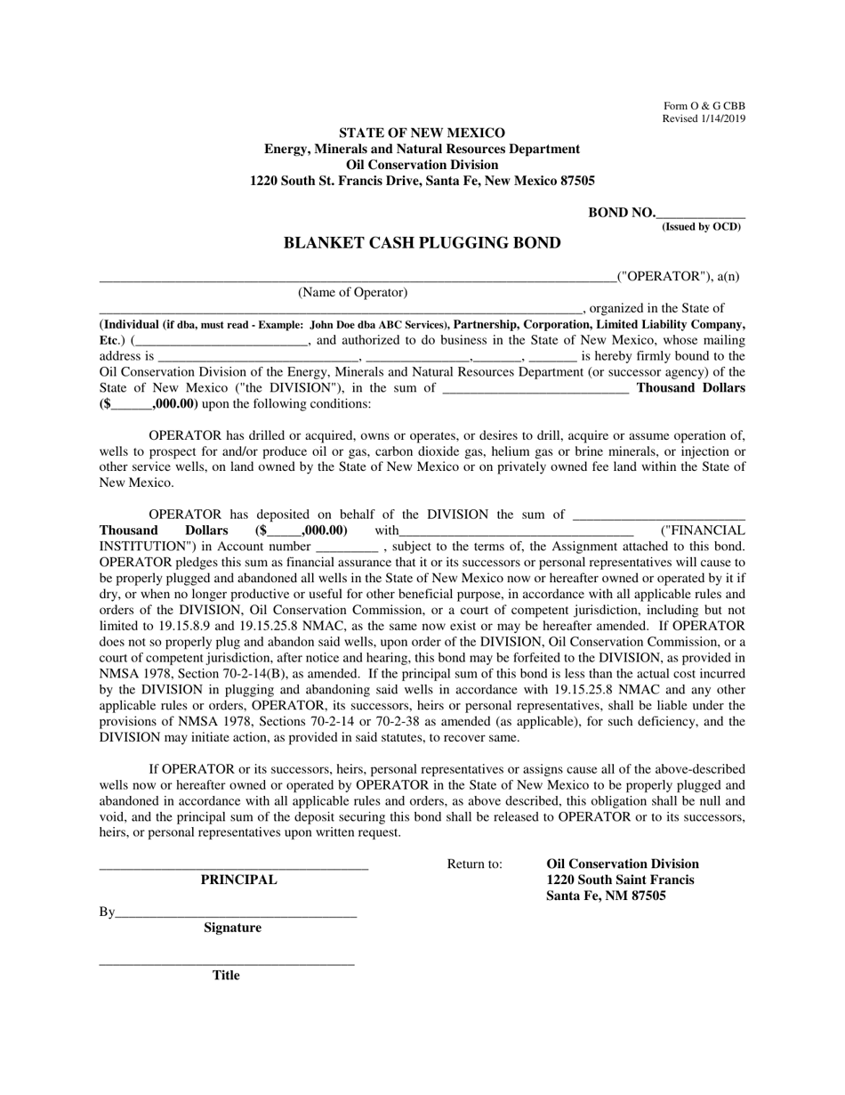 Form O  G CBB Blanket Cash Plugging Bond - New Mexico, Page 1