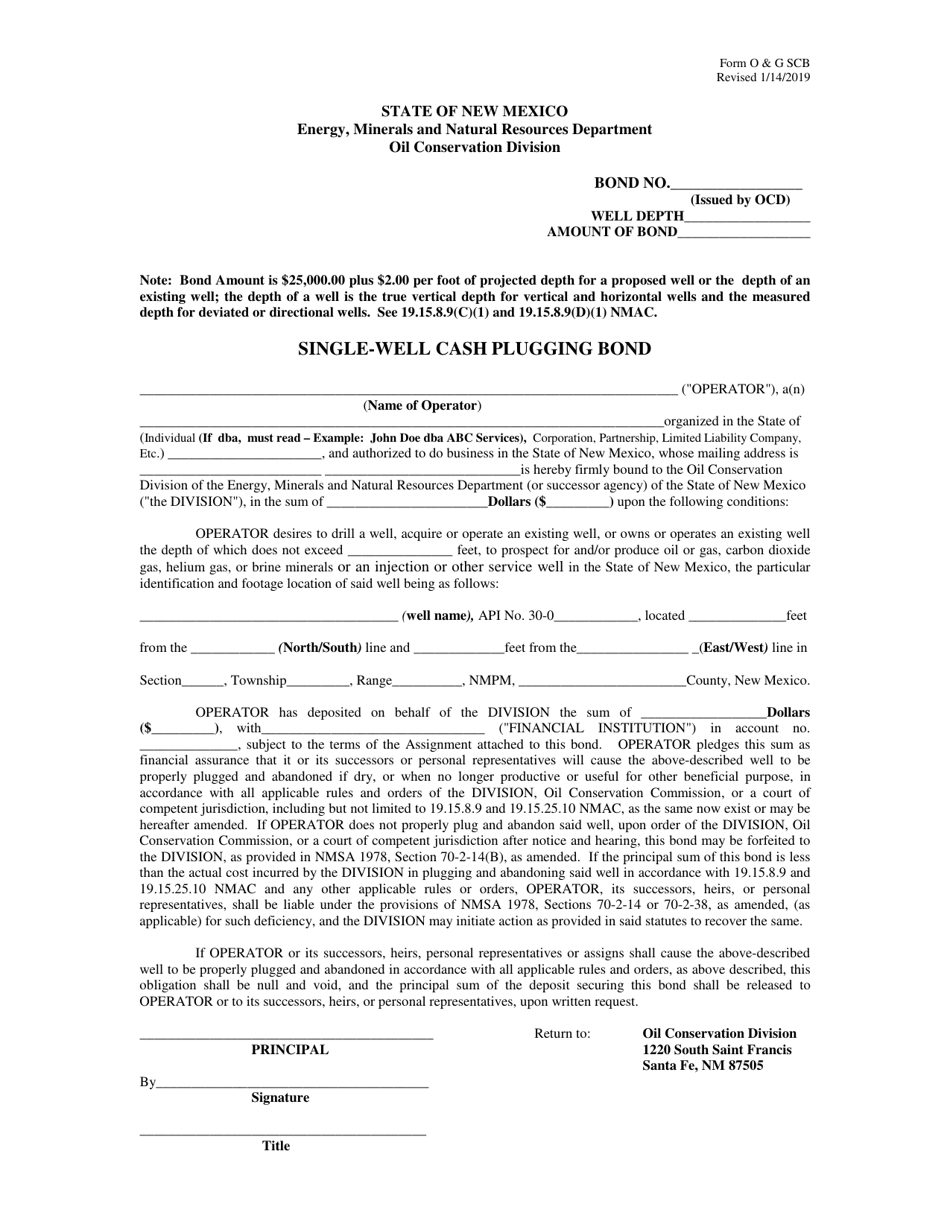 Form O  G SCB Single-Well Cash Plugging Bond - New Mexico, Page 1