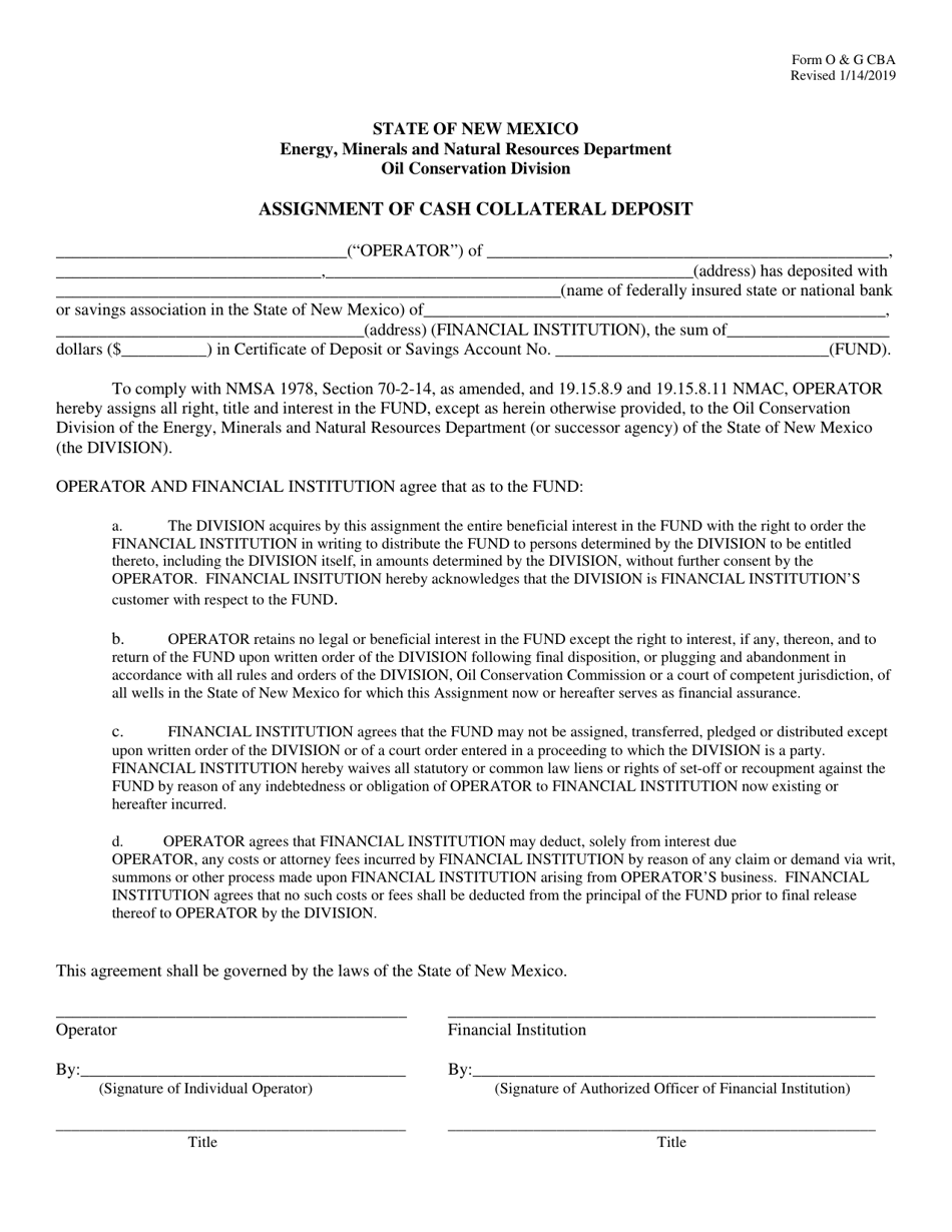 Form O  G CBA Assignment of Cash Collateral Deposit - New Mexico, Page 1