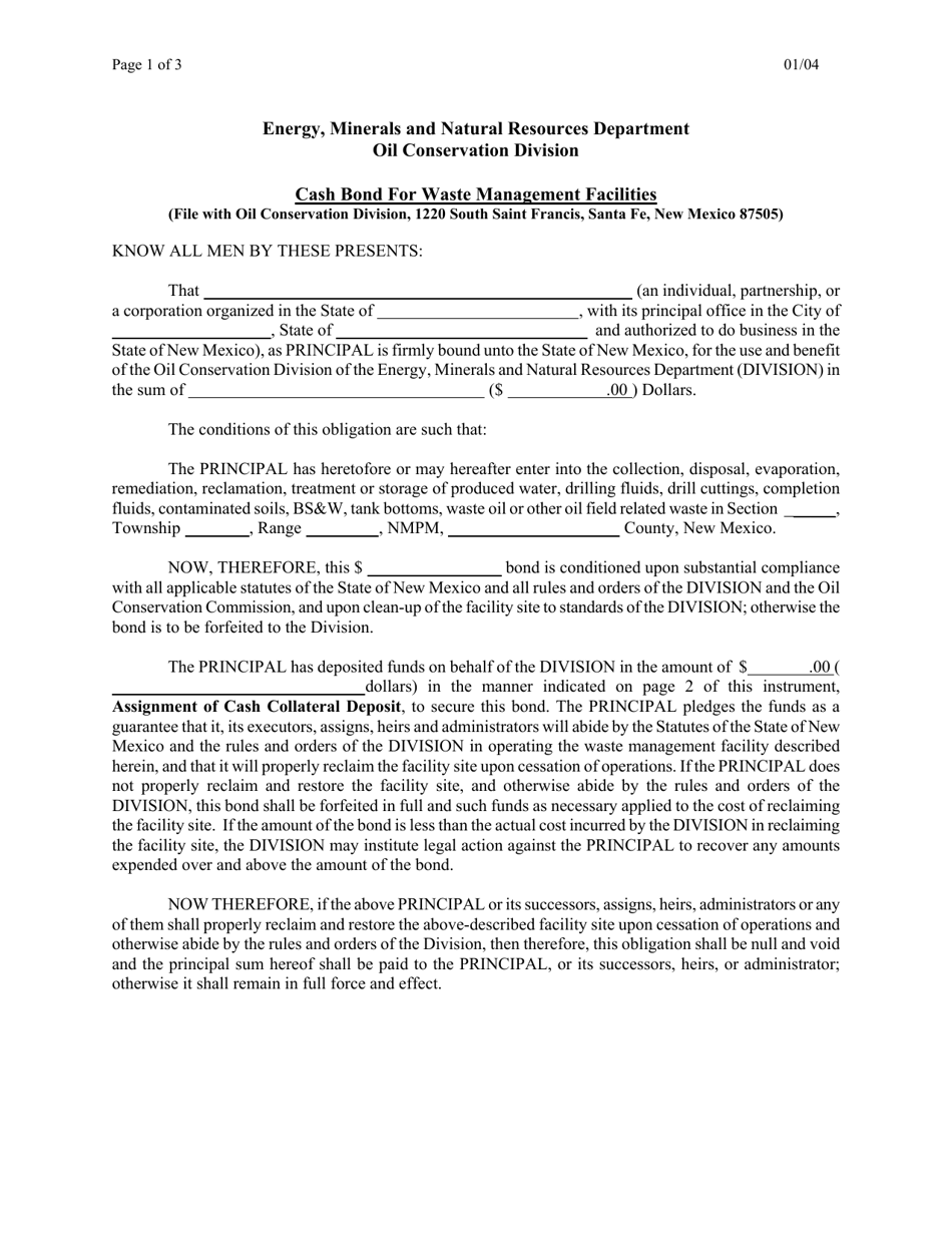 Cash Bond for Waste Management Facilities - New Mexico, Page 1