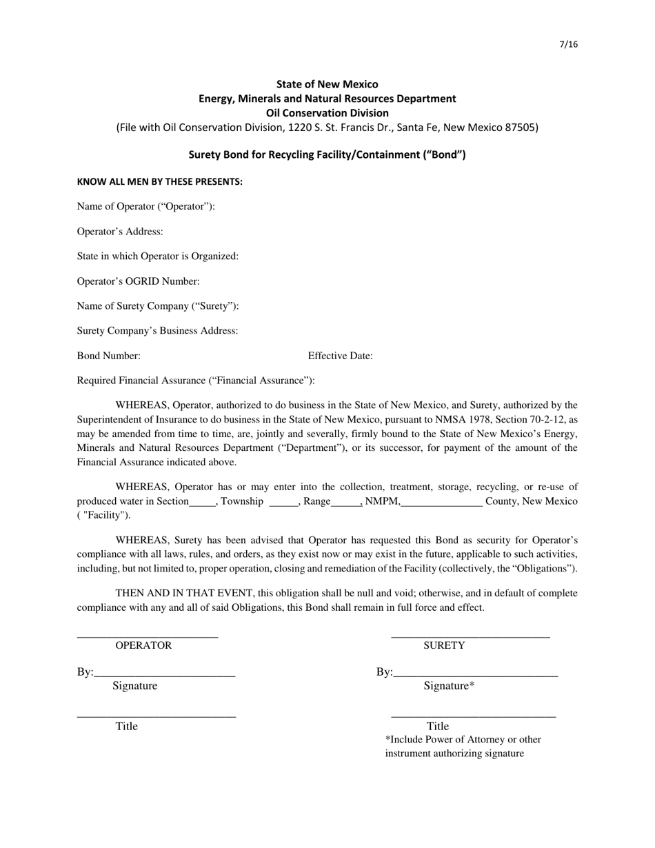 Surety Bond for Recycling Facility / Containment - New Mexico, Page 1