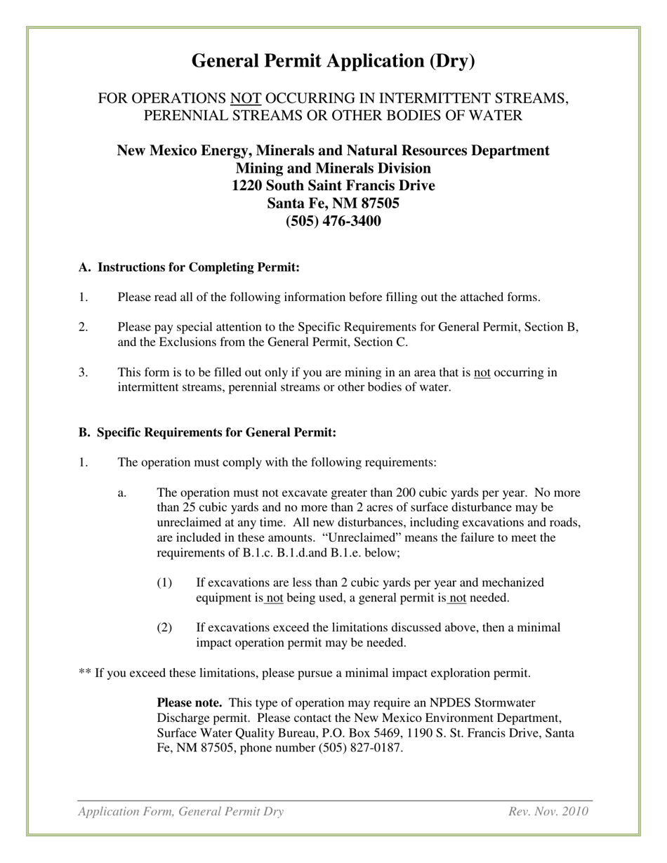 General Mining Permit Application for Dry Conditions - New Mexico, Page 1