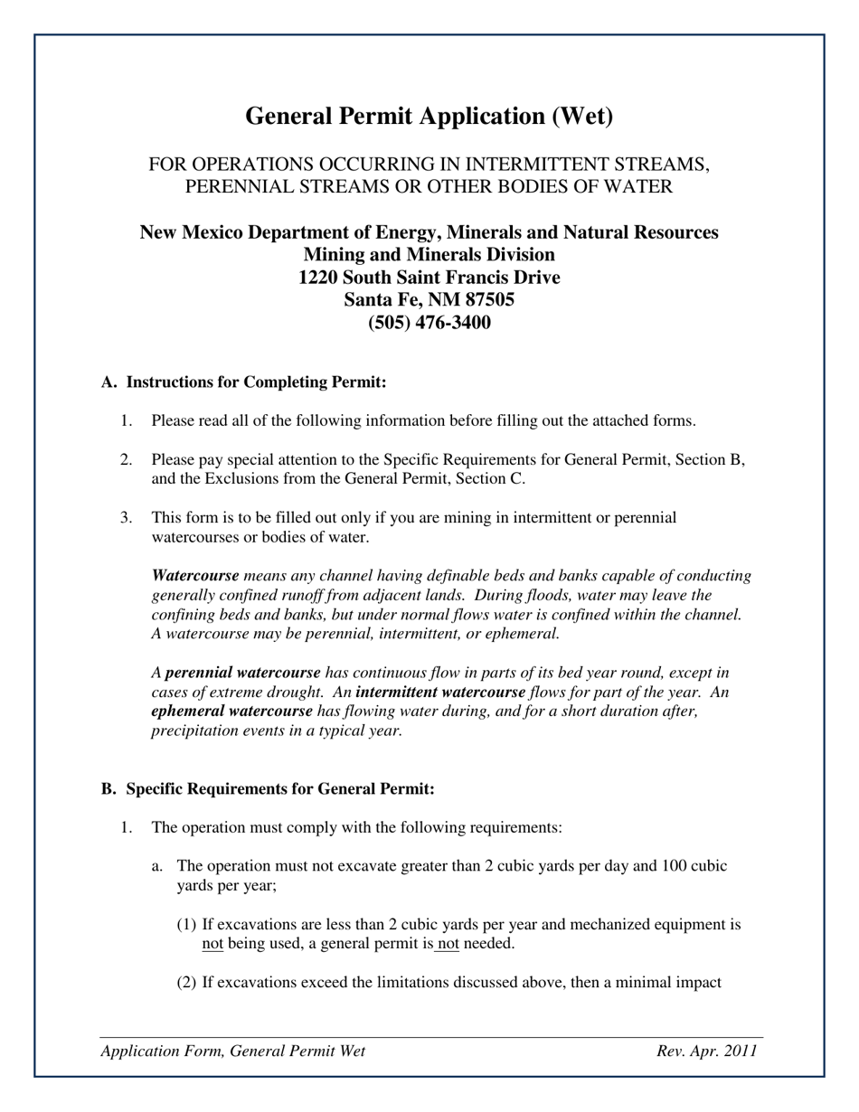 General Mining Permit Application for Wet Conditions - New Mexico, Page 1