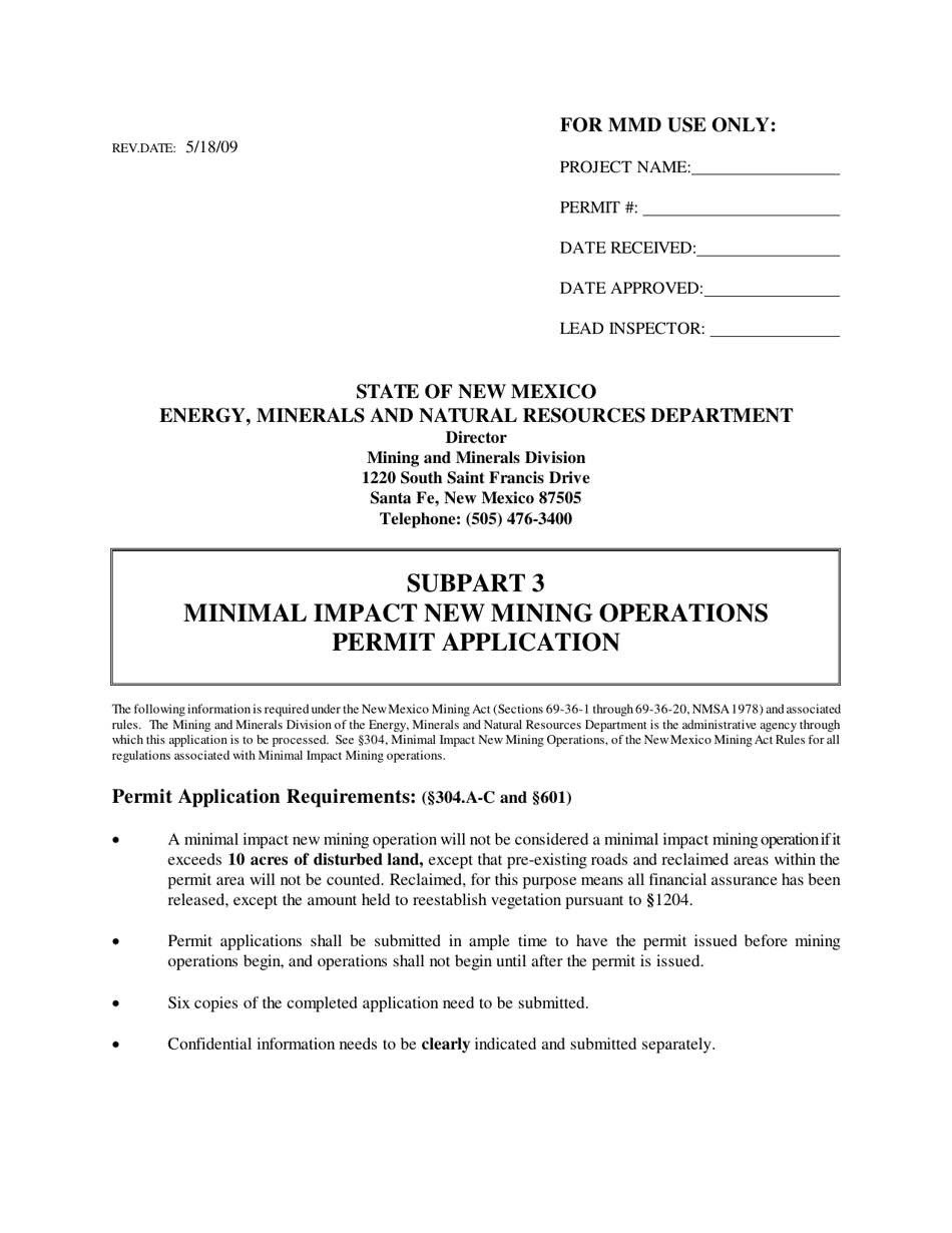 Subpart 3 Minimal Impact New Mining Permit Application - New Mexico, Page 1