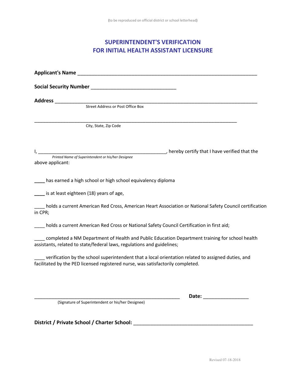 Superintendents Verification for Initial Health Assistant Licensure - New Mexico, Page 1