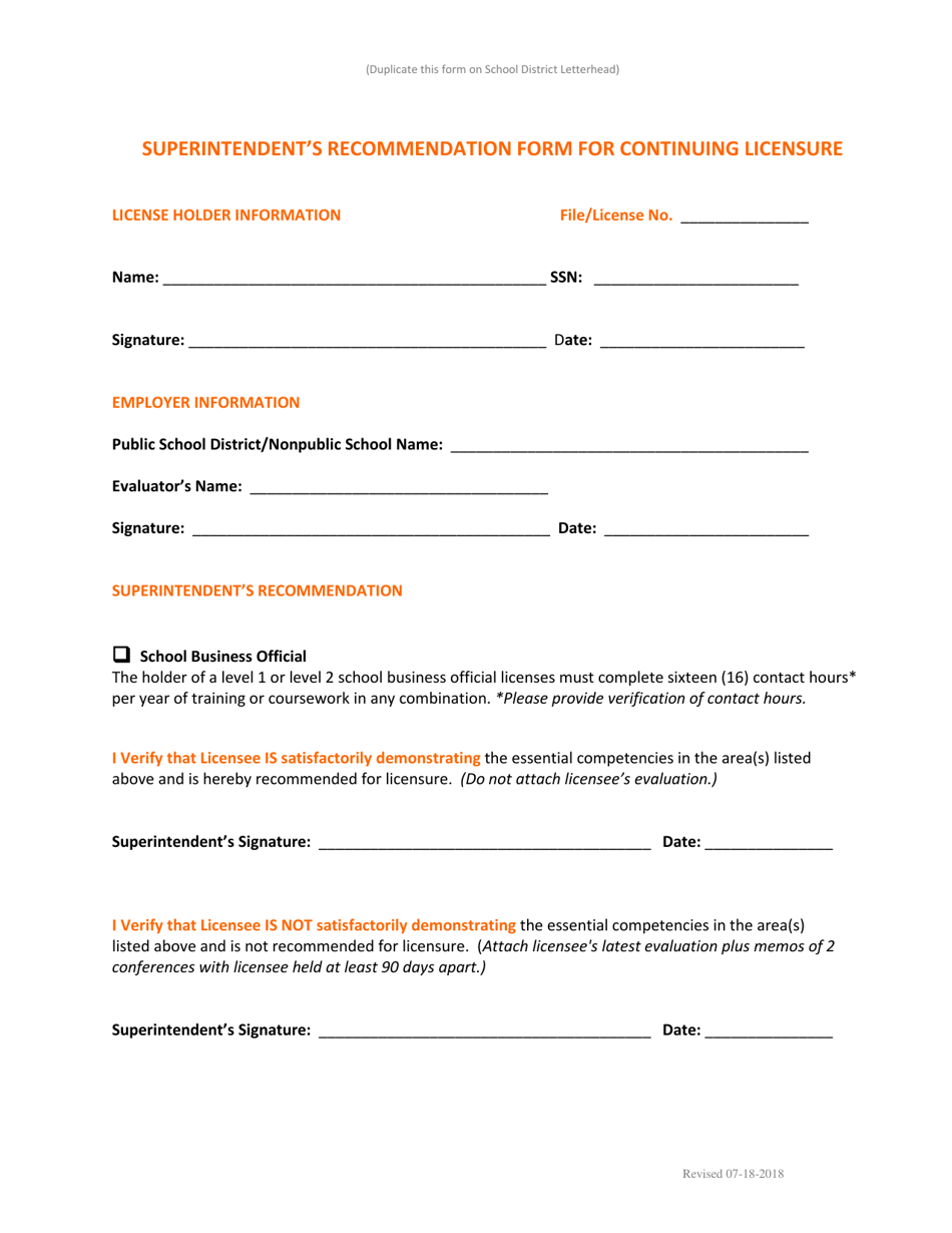 School Business Official Superintendents Recommendation Form for Continuing Licensure - New Mexico, Page 1