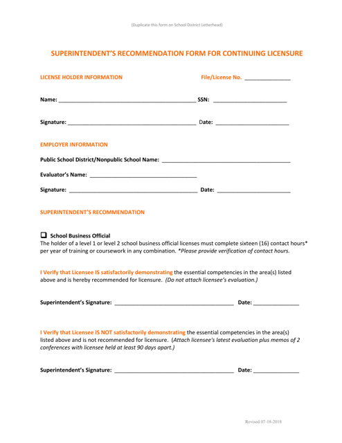 School Business Official Superintendent's Recommendation Form for Continuing Licensure - New Mexico Download Pdf